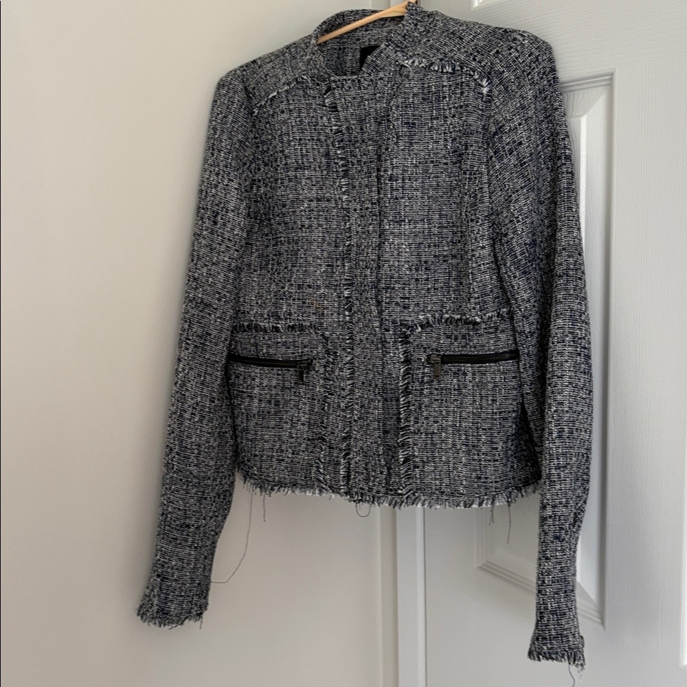 Banana Republic Navy and White Tweed Fringe Zip Jacket - Picture 11 of 11